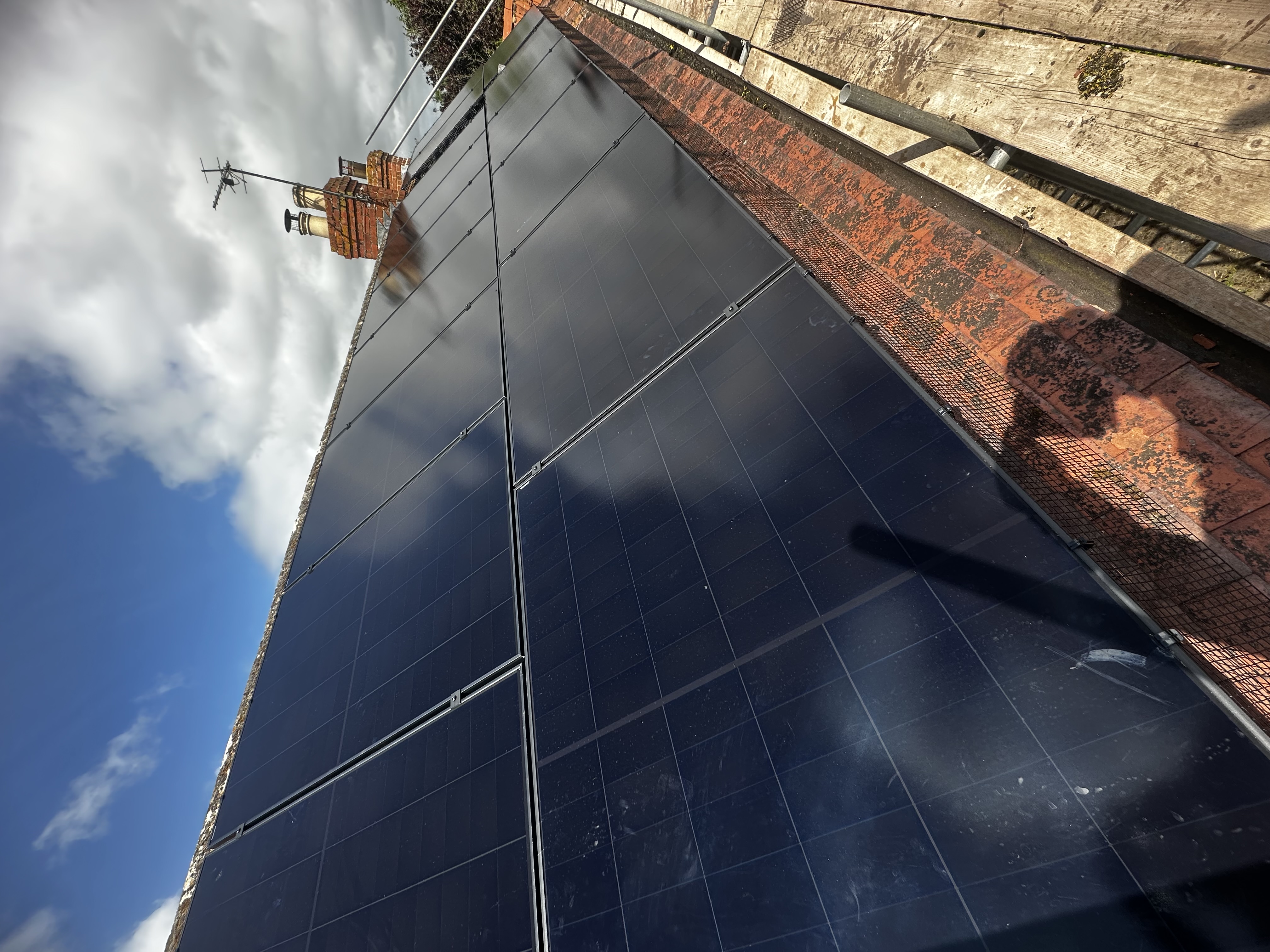 Close view of a finished rooftop solar array